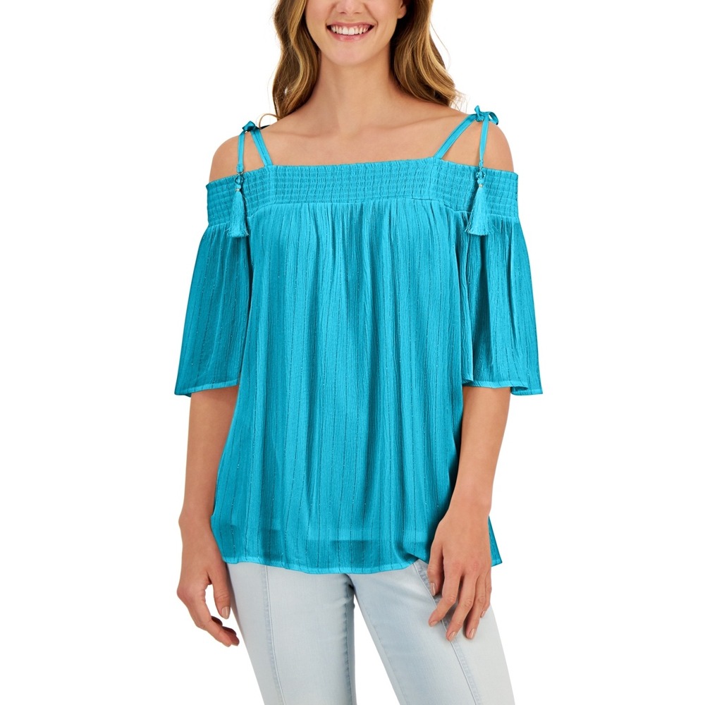 JM Collection Petite Tie Shoulder Tassel Top - Seafoam Blue - Size PXS‎